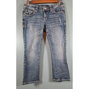 Grace In LA Capri Jeans Women's 7/27 Blue Jeweled Pockets Embroidery Sparkle